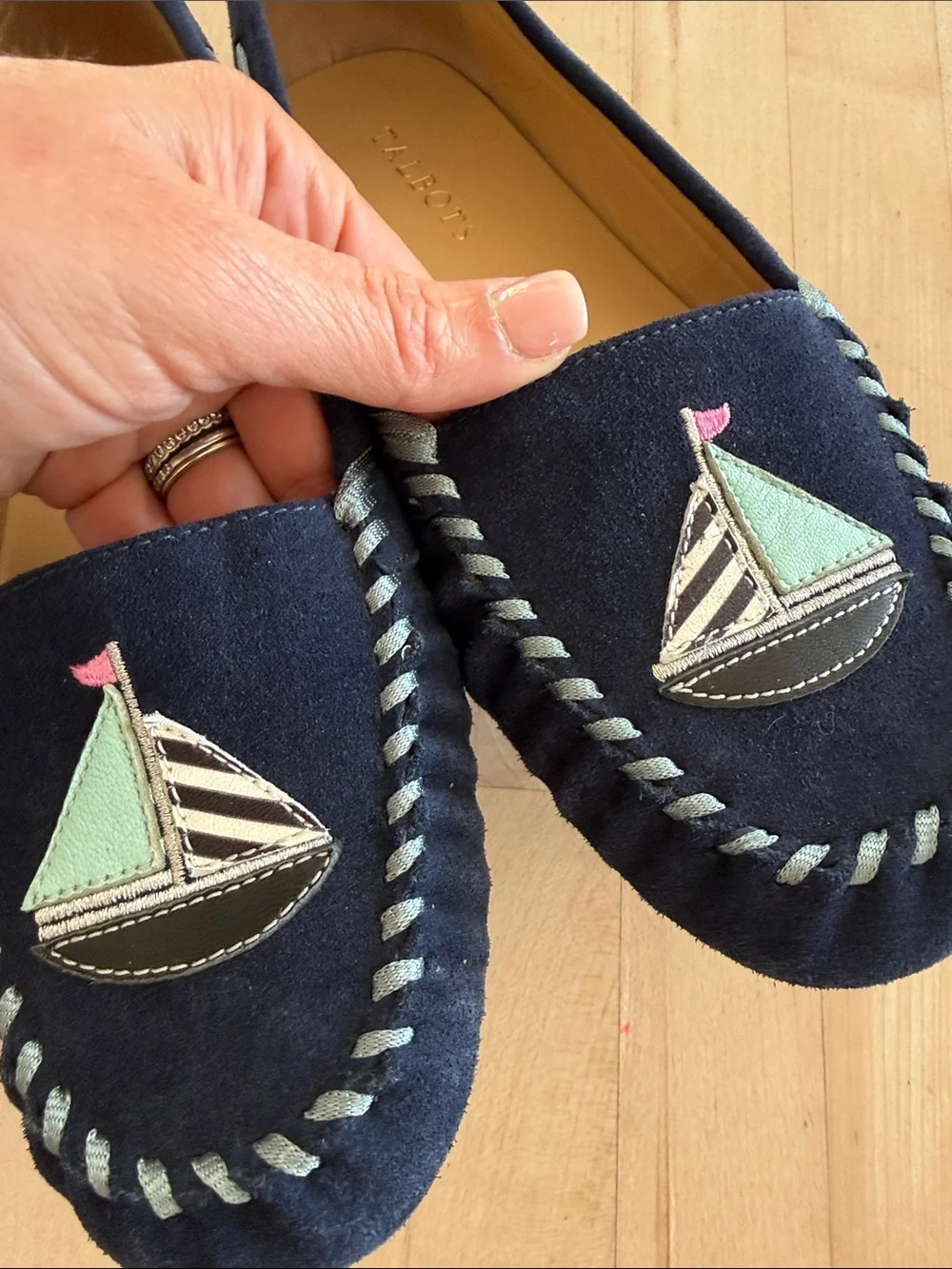 Talbots Navy Suede Moccasin Flats with Mint & Pink Sailboat Embroidery - Picture 6 of 10